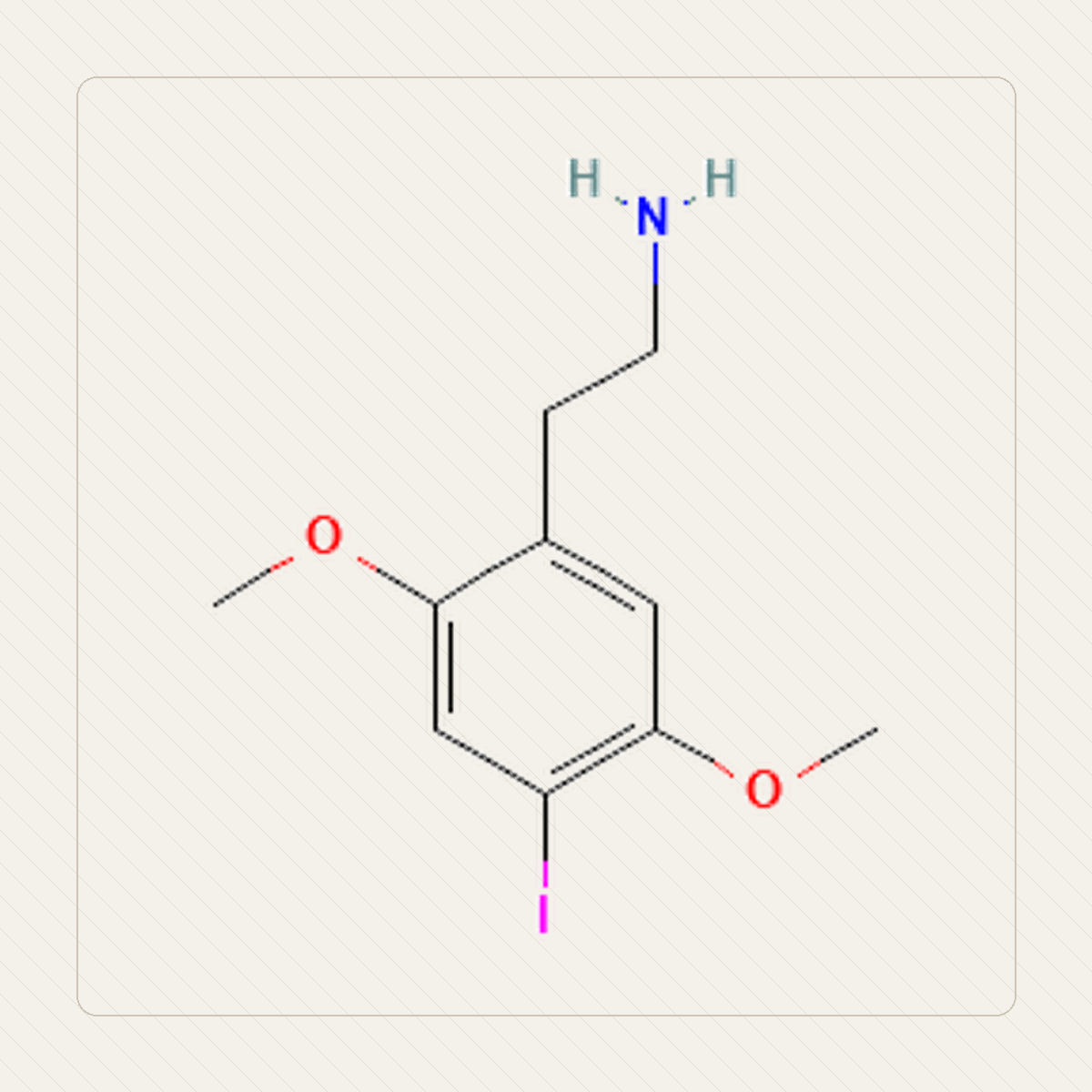 2C-I 2,5-dimetoksy-4-jodofenetyloamina, איור חינוכי של המבנה המולקולרי