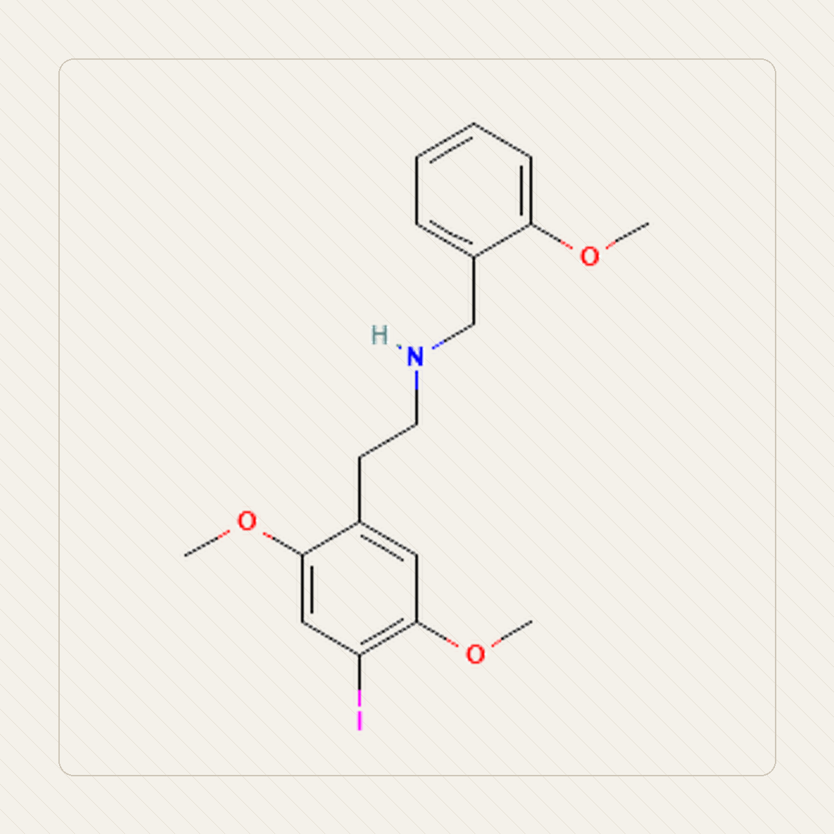 25I-NBOMe 2C-I-NBOMe, איור חינוכי של המבנה המולקולרי